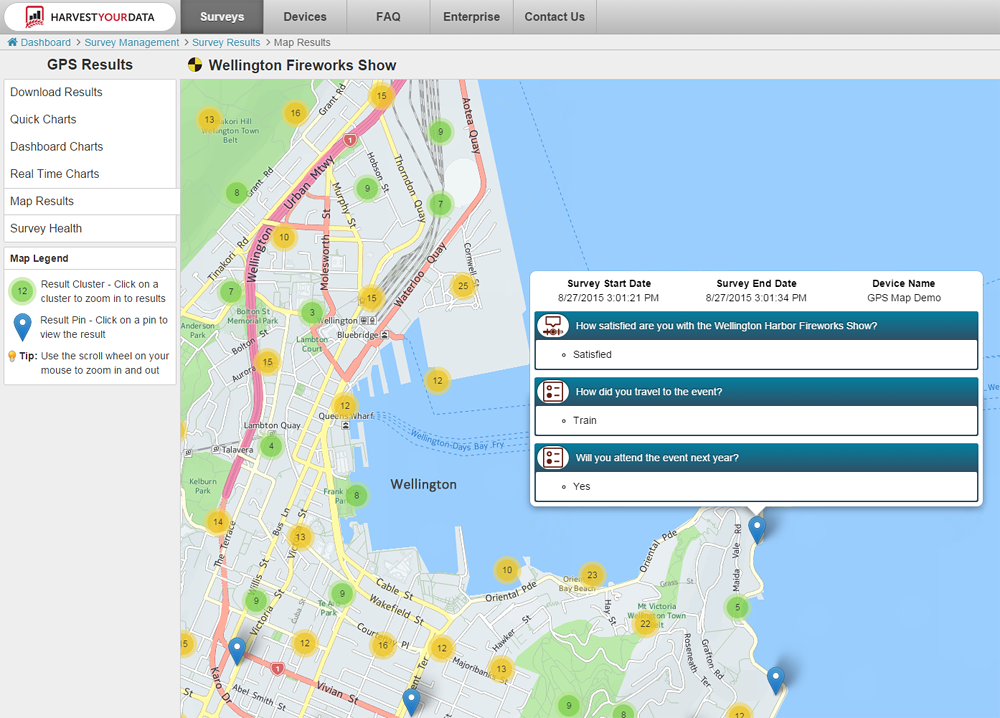 GPS Map showing survey result locations